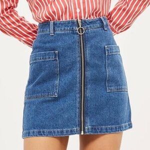 Topshop Woman Blue Denim A-Line Mini Front-Zip Mini Skirt US6 Classic Grunge